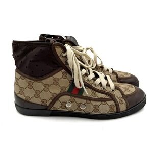 Gucci GG Supreme Monogram High Top Sneakers Web Stripe Brown Leather Men Sz 9